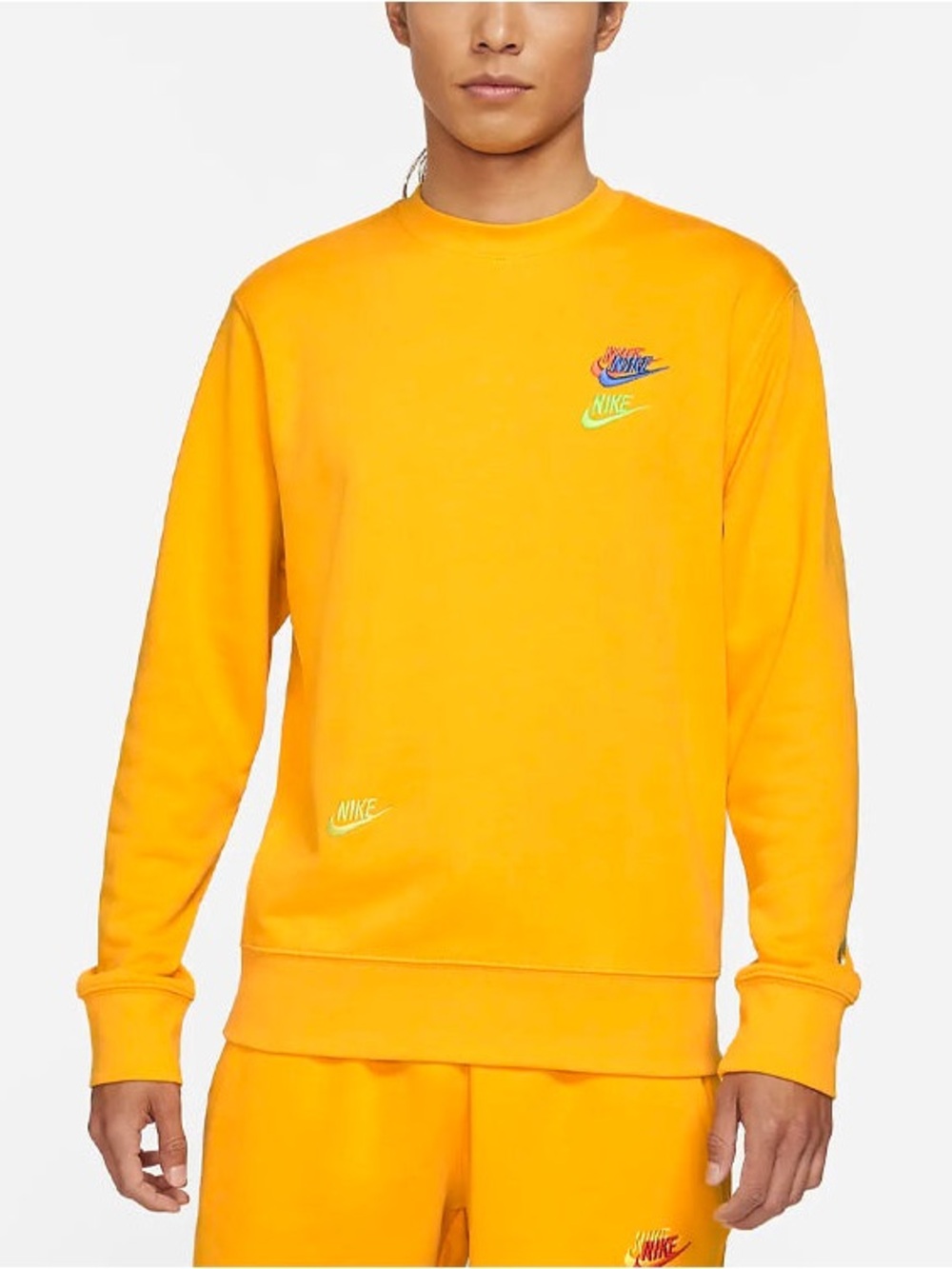 Nike Sweatshirt Mens Medium Yellow Fleece Crewneck Pullover Multi Swoosh Logo